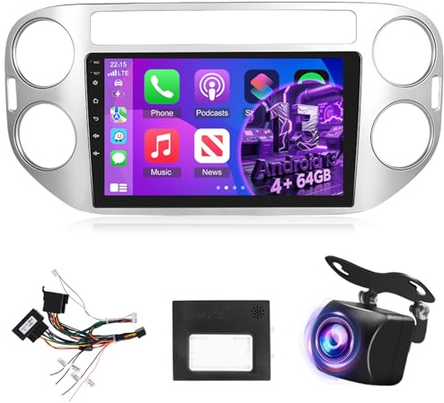 [4+64 G] Android Autoradio für VW Tiguan 2006–2016 mit Kabellosem Carplay und Android Auto – 9 Zoll IPS Touchscreen-Autoradio mit 1280 × 720 p, AI DSP, EQ, SWC, GPS und AHD Rückfahrkamera
