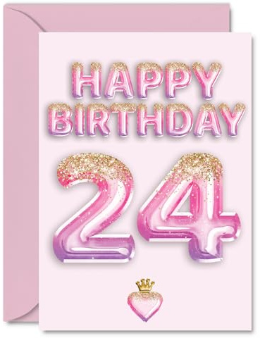 24th Birthday Cards for Women and Men, Pink & Purple Glitter Balloons | Happy Birthday Card for 24 Year Old Man Woman Brother Nephew Auntie Friend, A5 Bday Greeting Cards