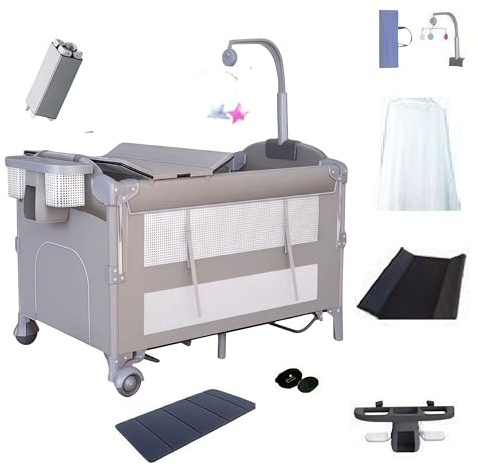 Veitoalioy Multifunktional Baby Beistellbett mit Neben, Convertible Faltbar Co-Sleeping Babybett, Ausgestattet Luxus Moskitonetz mit einem großen Lagerkorb und beweglichen Rädern (6602 Grey)