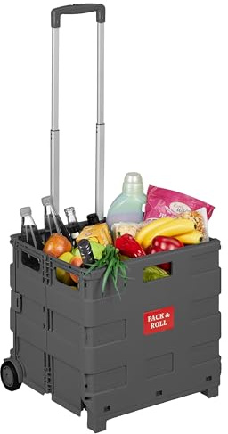 Relaxdays Einkaufstrolley, zusammenklappbar, anthrazit | Einkaufskorb mit Rollen, Teleskopgriff, bis 35 kg, Klapptrolley
