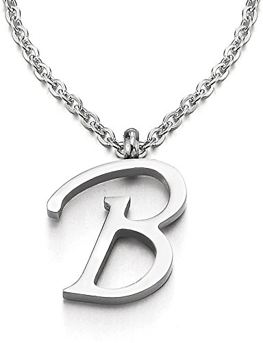 COOLSTEELANDBEYOND Name Initiale Alphabet Buchstaben A bis Z Anhänger Edelstah Halskette für Damen Herren mit 50cm Stahl Seil-Kette - B