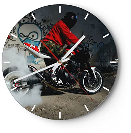 Modern Wanduhr Motorrad Motorradfahrer Graffiti 40x40cm Rund Groß Wand Uhr Glas Analog Zimmeruhren Küche Büro Wohnzimmer Glasuhr Wall Clock Dekoration Design Wanddekoration Küchenuhr C3AR40x40-2265