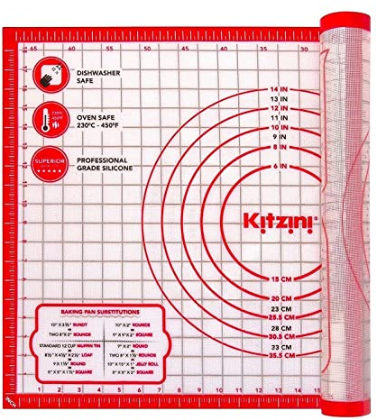 Kitzini Silicone Pastry Mat. Extra Large Pastry Mats for Rolling Dough. Non-Slip Silicone Baking Sheet. BPA Free. Silicone Mats for Baking, Pastry, Pizza & Cookies. Easy Clean Silicone Bakeware