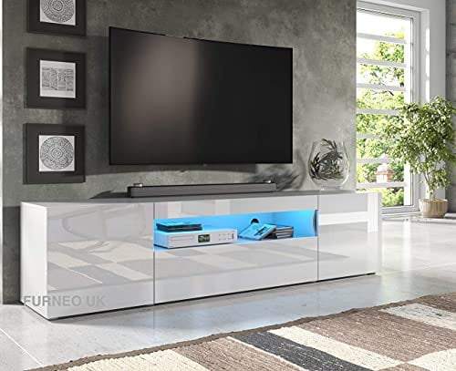 Furneo 200cm Long TV Stand Unit Cabinet Matt & High Gloss White Clifton08 Blue LED Lights