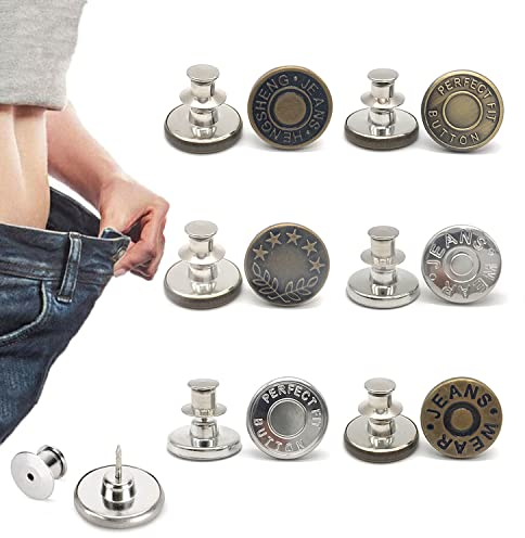 6 Pcs Buttons for Jeans,Adjustable Pant Waist Tightener,No Sew and No Tools Instant Jean Button Pins for Pants, Simple Installation, Reusable and Adjustable (Style 1)