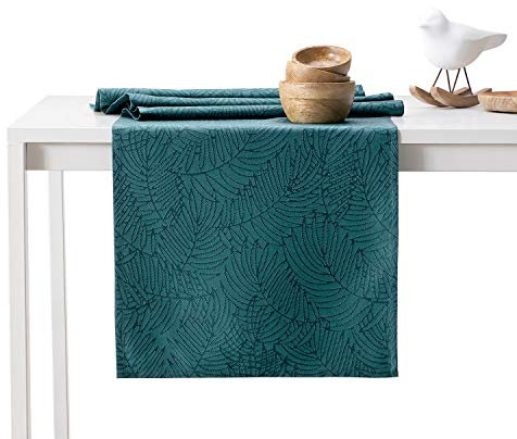 AmeliaHome Tischläufer 40x120 cm Lotuseffekt Wasserabweisend Blätter Petrol Gaia
