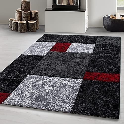 Carpetsale24 Teppich Läufer 80x150 cm – Kurzflor Konturenschnitt in Schwarz Grau Rot – Kariertes Design, Waschbar, Pflegeleicht, Extra Weich – Für Flur, Küche, Schlafzimmer
