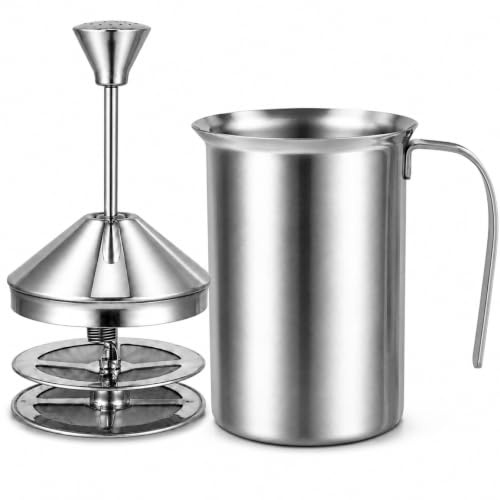 Cabilock Manual Milk Frother: Milk Frothing Pitcher with Double Mesh Screen - Stainless Steel Handheld Foamer for Coffee Latte Matcha Cappuccinos (800ml)