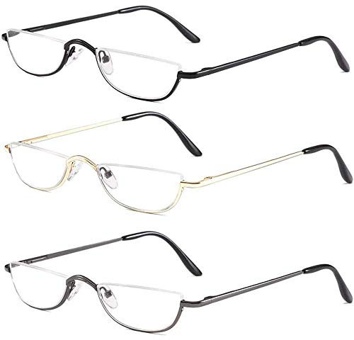 KoKoBin Lunettes de lecture demi-monture à charnière à ressort pour homme et femme - Verres fins demi-lune - Lunettes semi-sans monture en métal, Lot de 3., +3.00 Magnification (Pack of 3)
