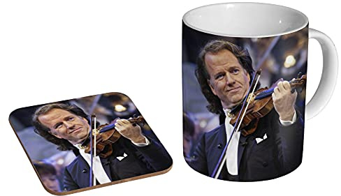 Andre Rieu Mug and Coaster Gift Set – Ceramic Coffee Cup + Wooden Drink Mat with Violinist Design Classical Music Fan Present – 11oz