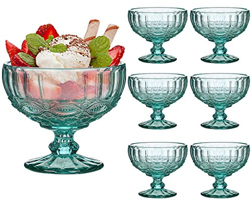 Glass Dessert Bowl Set of Embossed 300ml Footed Sundae Glass Dessert Cup Dishes (6, Turquoise)