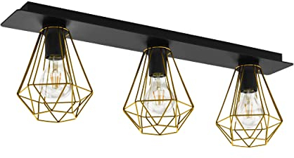EGLO Deckenlampe Tarbes 2, 3 flammige Deckenleuchte, Wohnzimmerlampe aus Metall in Schwarz, Messing, Schlafzimmerlampe, Flurlampe Decke mit E27 Fassung, L 77 cm