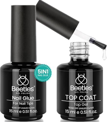 Beetles Gel Polish 5 in 1 Nail Glue Base Gel and No Wipe Top Coat Kit 15ML for Gel Nails and Gel Nail Polish Easy Nail Extension Gel, Soak Off LED Gel Shine Finish and Long Lasting