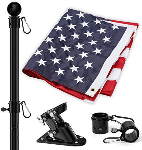 Asta per bandiera americana e asta per la casa all'aperto, kit di aste per bandiere resistenti da 1,5 m con bandiera USA ricamata da 3 x 5, asta in acciaio nero senza grovigli, con staffa per giardino