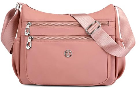 FORRICA Casual Sac Bandoulière Femmes Grand Sac Messager Multipoches Nylon Léger Sac Porte Epaule Rose