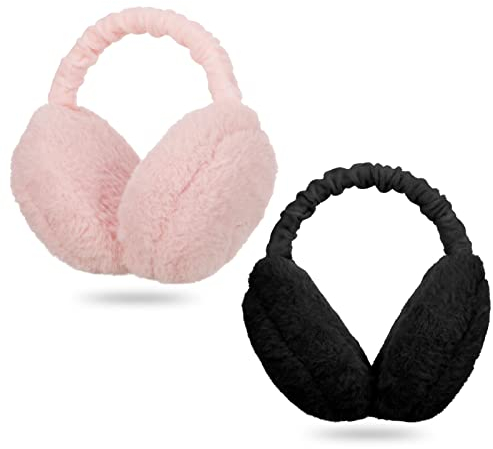 Draftor Women Earmuffs,2Pcs Winter Ear Muffs Adjustable Faux Fur Ear Warmer Warm Windproof Plush Earmuffs Foldable For Men Girl Thanksgiving