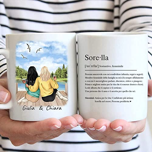 Vulfire Tazza Personalizzabile Sorelle per sempre - Nome, Capelli, pantaloni, maglia e tanto altro da Personalizzare - Idea Regalo per sorelle compleanno, natale (Bianco, Ceramica)