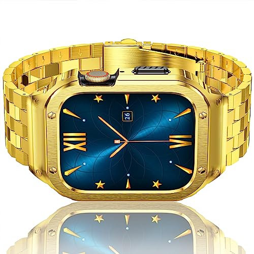 Amznew Cinturino per Apple Watch compatibile per iWatch Serie Ultra (49 mm), cinturino in acciaio inossidabile con custodia, cinturini in metallo per iWatch e cover protettiva per uomo, Oro