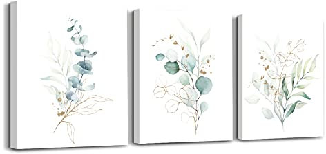 Vivegate Botanische Pflanze Wandkunstdrucke, Minimalistische Boho Light Sage Green Leaf Leinwand Gemälde, Eukalyptus Aesthetic Poster Bilder für Schlafzimmer Badezimmer Home Room Decor Set von 3