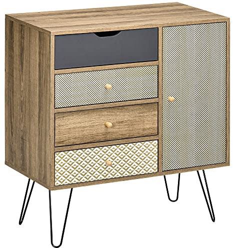 HOMCOM Cómoda con 4 Cajones Cajonera de Madera con Puerta Estante Ajustable y Patas de Metal para Salón Dormitorio Cocina 79x39x86 cm Marrón