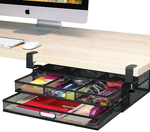 Under Desk Drawer Organizer Clamp-On, Mesh Metal Desk Drawer Attachment, 2 Drawer Slide Out, On Desk Or Under Desk Organizer For Office Supplies & Home Essentials (2 Drawers)