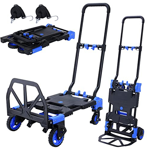 2-in-1-Handwagen mit einziehbarem Griff, zusammenklappbar, 150 kg Kapazität, Handwagen mit einziehbarem Griff, Handkarre faltbar mit 4 Rädern, tragbarer Handwagen