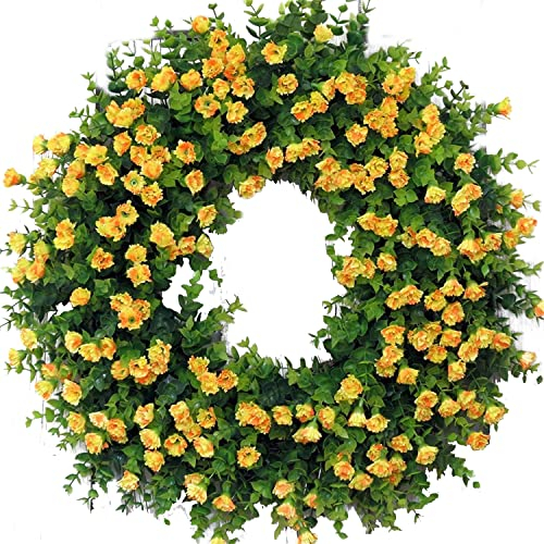 45cm Türkranz, Frühling Sommer Wildblume Kranz Dekorative Girlande für Haustür, Große künstliche Eukalyptus Kränze mit Blumen für Bauernhaus Tür Wand Wohnzimmer Flur Hochzeit Dekoration (Gelb)