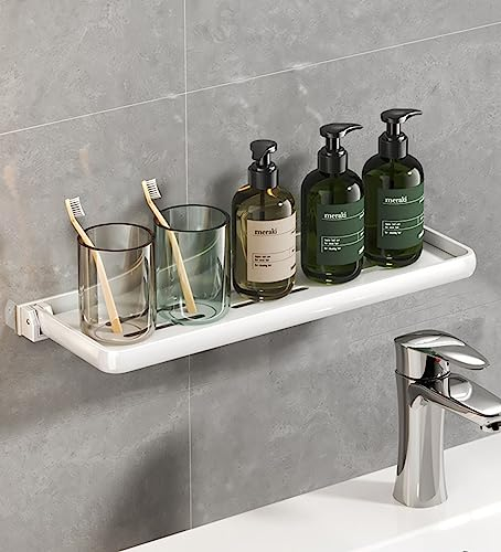 AJINGELA Faltbar An der Wand montiert Schwimmend Metall Regal, Keine Bohrungen Badezimmer Regal Platzeinsparung Rostfest Extra stark Schwimmend Regale Aufbewahrungsregal(Weiß 40CM)