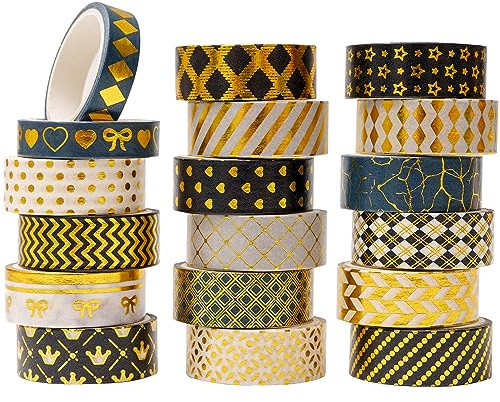 YUBBAEX 18 Rollen Washi Tape, Masking Tape schwarz-goldene Foliendruck, dekoratives Klebeband für Scrapbooking, Bullet Tagebuch, Planer, Geschenkverpackung, Urlaubsdekoration