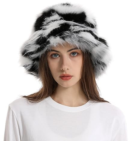 YJZQ Fischerhut Damen Winter Plüsch Bucket Hat Kunstpelz Wintermütze Breite Krempe Fellmütze Eimerhut Warme Fischermütze für Frauen Mädchen Einheitsgröße