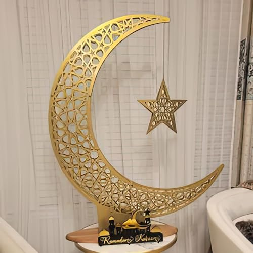 iwa concept Decorazione islamica a mezzaluna in metallo, arte del Ramadan con luna e stella, decorazione islamica da tavolo, regalo per musulmani nel Ramadan Eid (52 x 44 cm, 52,8 x 44,7 cm, piccola)