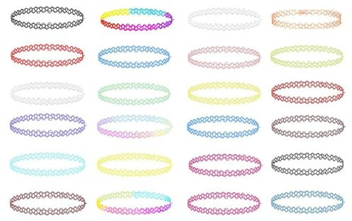 ZKGYUS 24 Stück Elastische Halskette Regenbogen-Halskette Choker Halsketten Stretch Tattoo Choker Kette Vintage Henna Tattoo Halskette Halsband für Mädchen Frauen
