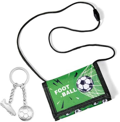 Hestya Porte-Monnaie pour Enfant Garçon Fille Portefeuille en Nylon avec Porte-Clés Pochette Tour de Cou de Voyage Portefeuille à Trois Volets Cadeau d'anniversaire pour Fille Garçon (Football)