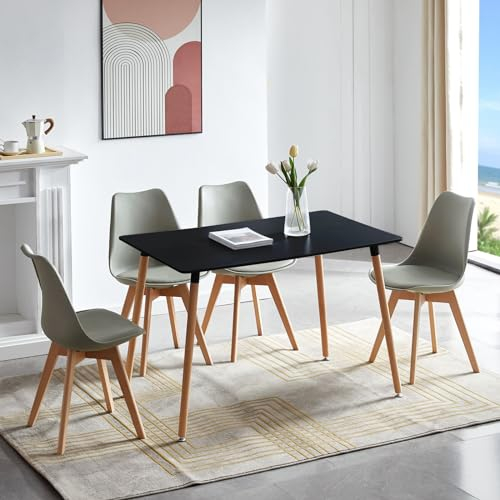 LafeuR Esszimmergruppe Esstisch mit 4 Stühlen Essgruppen, Rechteckig Küchentisch-Set für 4 Personen Sitzgruppe für Wohnzimmer Küche Büro(Schwarz Tisch+4 Grau Esszimmerstühle)