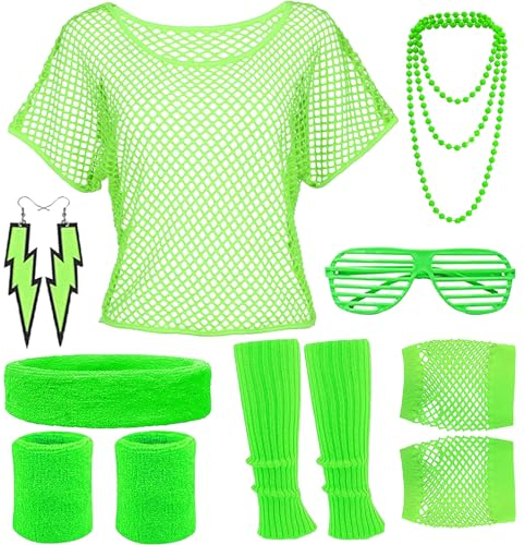 DGUSO 80er Jahre Outfit Damen 90er Jahre Outfit Damen 12 Stück Neon Party Outfit,Netzoberteil Damen,Grün 90er Jahre Party Kleidung Aerobic Body 80er für Neon Retro Party Karneval