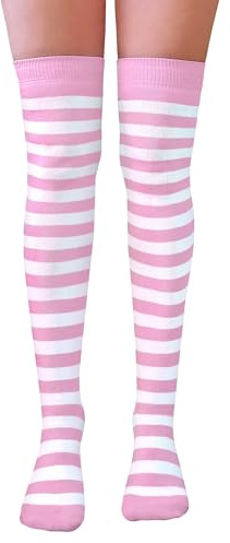 NuJake Striped Over The Knee Socks Fancy Dress Cosplay Girls UK Size 4-5.5 (Cotton Blend, Baby Pink & White)