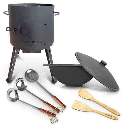 Utschak Feuerofen mit Gusseisen Topf flacher Boden mit Deckel 12 L Ø 40 cm Kazan Schaumlöffel für Plov 48 cm, Schöpfkelle für Plov 48 cm, Schaumlöffel für Plov tief 48 cm, Spachtel aus Holz (Set 5)