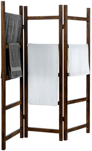 MyGift 150 cm Burnt Wood Freestanding Blanket Ladder – 6-Tier Folding Towel & Quilt Rack for Bathroom or Living Room