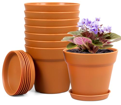 Homeuouz Lot de 8 pots de fleurs avec soucoupe, 10 cm, en plastique, avec plusieurs trous de drainage, pot hydroponique, idéal pour l'intérieur et les jardins de balcon, terre cuite