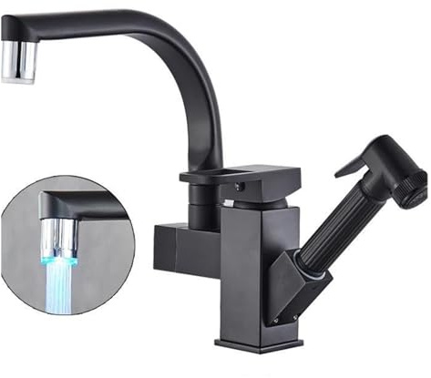 Rubinetto da cucina Nero opaco LED Estraibile Bidet Spray Miscelatore acqua calda e fredda Lavello con rotazione a 360 gradi ，Rubinetti per lavello
