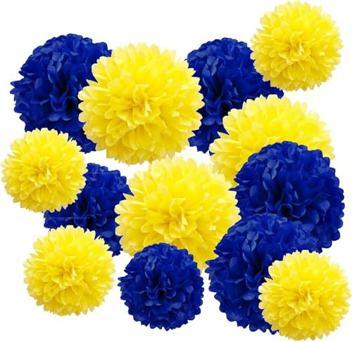 12 Stück papier Pompons Set,Tiefblau Gelb Pom Poms Papier für Hochzeit,Geburtstag,Party- 30,5 cm, 25,4 cm