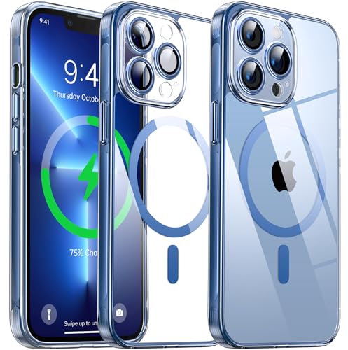 Flyzoo Magnetisch Hybrid Clear Hülle für iPhone 13 Pro - [Kompatibel mit MagSafe] [Eingebaute Kameraschutz Folie] Hart Durchsichtig Handyhülle Stoßfeste Transparente mit Silikon Schutzhülle, 6,1,Blau