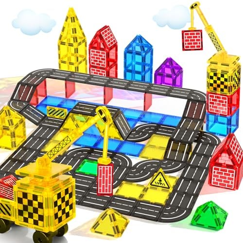 Magnetische Bausteine Kran Straße Kugelbahn Spielzeug ab 3 4 Jahre Magnet Kinder Magnetspiel Magnetic Tiles Magnetbausteine Auto Weihnachten Geburtstag Geschenk ab 2 3 4 5 6 7 8+ Jahre Jungen Mädchen