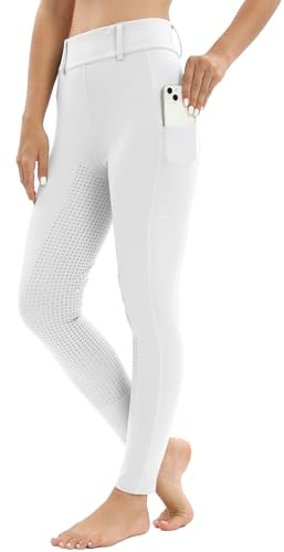 Legging d'équitation pour femme avec fond de peau intégral et poche pour téléphone portable, pantalon d'équitation haute taille pour femme et fille en stretch avec passants de ceinture, Blanc., 3XL