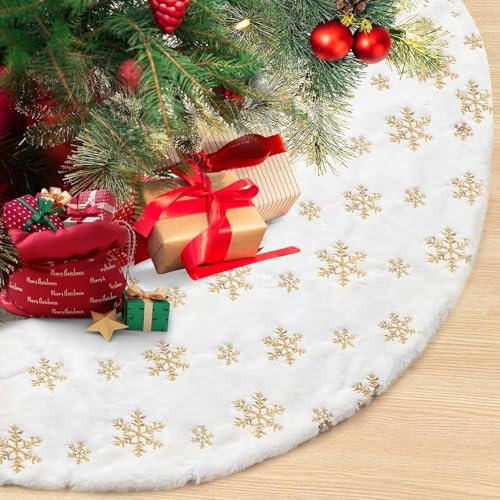 Weihnachtsbaumdecke 120 cm,Christbaumdecke Weiß für Schnee Christbaum Weihnachtsbaum Deko,Tannenbaum Decke mit Schneeflocke Pailletten Teppich Rund für Frohe Weihnachten Party Decke Rock Dekorationen