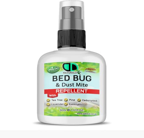 DD Teck Natural Bed Bug & Dust Mite Repellent for Bed Bugs, Dust Mites, Lice, Nymphs, Eggs & Resistant Bugs, Long-Lasting Protection Mattresses, Carpets, Beds, Furniture & Home (30ml Spray)