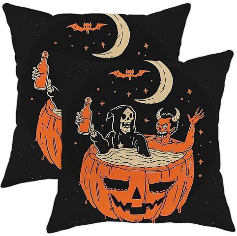 Halloween-Kissenbezüge, 2er-Set, schwarzer gruseliger Kürbis, Teufel, Skelett, dekorative Gothic-Kissenbezüge für Zuhause, Sofa, Bett, Couch, 45,7 x 45,7 cm