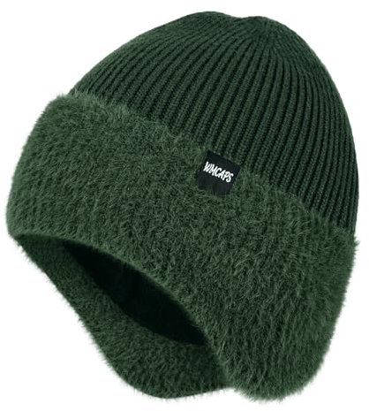 Wmcaps Winter Beanie for Men with Earflaps，Unisex Thick Warm Knit Hat with Ear Flaps，Fleece Lined Woolly Hats for Outdoor Activity-Army Green