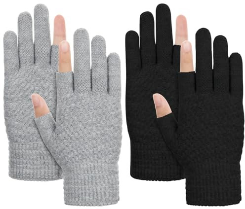 Kiiwah 2 Paare Fingerlose Handschuhe Damen, Halbfinger Warme Zwei-Finger-Handschuhe Winter touchscreen ohne Finger mit Weichem Innenfutter für Herren Damen
