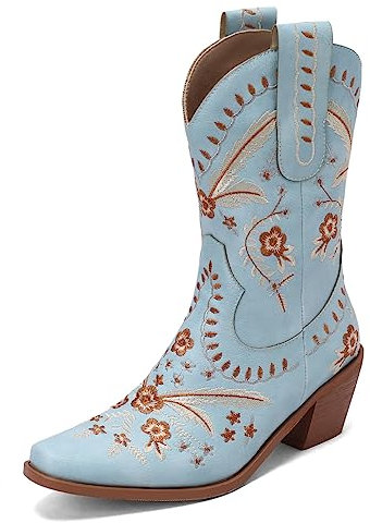 Roimaash Donna's Blue Stivali Cowgirl Ankle High Chunky Heels Pull on Embroidery Short Stivali Cowboy Wide Calf Appuntito Botas para Mujer Size 39